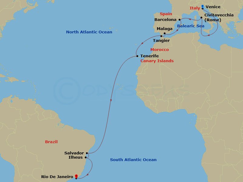 MSC Lirica - 20 Night - Msc Grand Voyages - MSC Lirica - Starting in Venice / Marghera, Italy, Civitavecchia (Rome), Italy, Barcelona, Spain, Malaga (Granada), Spain, Tang.. itinerary map