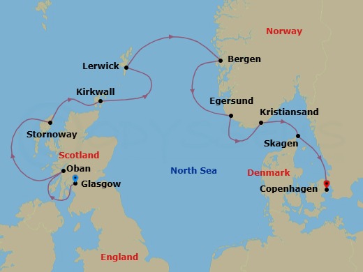 9 Night - Legendary Lands and Northern Cities - Le Champlain - Starting in Glasgow, Scotland, Oban UK, Scotland, Stornoway, Hebrides, Kirkwall, Orkney, Lerwick, Shetland Islands, Bergen, Egersund, Kristiansand, Skagen, Copenhagen itinerary map