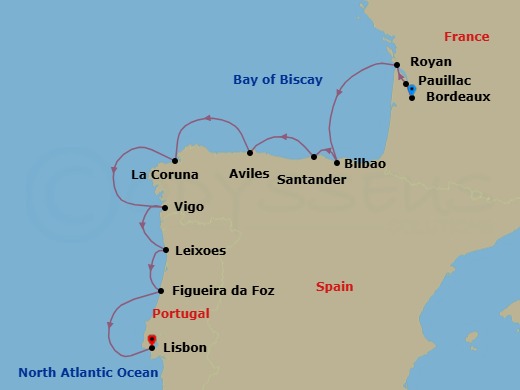 10 Night - Bay of Biscay & Iberian Peninsula - Le Champlain - Starting in Bordeaux, Pauillac, Royan, Bilbao, Santander, Aviles, La Coruna, Vigo / Santiago de Compostela, Leixoes / Porto, Figueira da Foz, Lisbon itinerary map