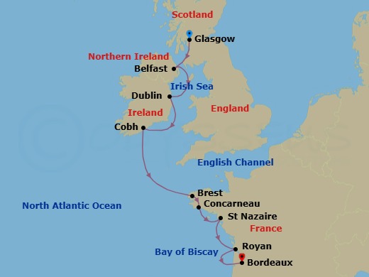 8 Night - From Celtic Shores to the Bay of Biscay - Le Champlain - Starting in Glasgow, Scotland, Belfast, Northern Ireland, Dublin, Cobh, Brest, Concarneau, Saint-Nazaire, Royan, Bordeaux itinerary map