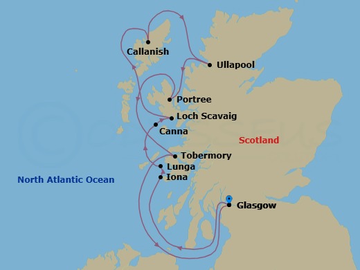 7 Night - Mythical Islands and Wild Landscapes of the Hebrides - Le Champlain - Starting in Glasgow, Scotland, Iona, Hebrides, Lunga, Treshnish Isles, Canna, Hebrides, Loch Scavaig, Callanish, Outer Hebrides, Ullapool, Scotland, Portree, Isle of Skye, Tobermory, Isle of Mull, Glasgow, Scotland itinerary map