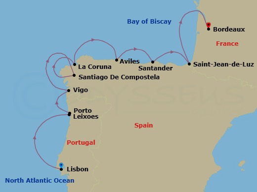 9 Night - The Atlantic Coast - with the Paris Opera Ballet - Le Boreal - Starting in Lisbon, Leixoes / Porto, Vigo / Santiago de Compostela, La Coruna, Aviles, Santander, Saint-Jean-de-Luz, Sailing in the Gironde Estuary, Bordeaux itinerary map