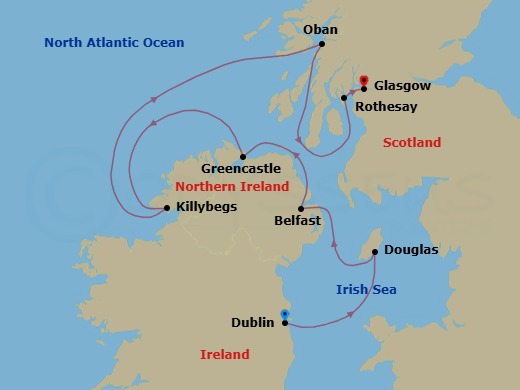 7 Night - From Ireland to Scotland : a Journey Through Celtic Lands - L'Austral - Starting in Dublin, Douglas, Belfast, Northern Ireland, Greencastle, Killybegs, Oban UK, Scotland, Rothesay, Isle of Bute, Glasgow, Scotland itinerary map