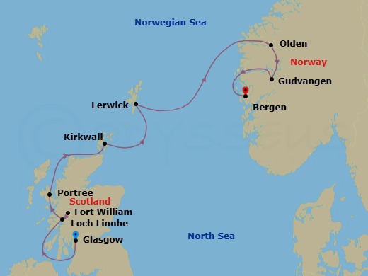 7 Night - Scottish Isles and Norwegian Fjords Voyage - with Smithsonian Journeys - Le Laperouse - Starting in Glasgow, Scotland, Fort William, Sailing on Loch Linnhe, Portree, Isle of Skye, Kirkwall, Orkney, Lerwick, Shetland Islands, Olden, Gudvangen, Bergen itinerary map