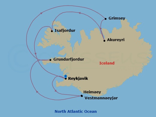 7 Night - Icelandic Mosaic - Le Bellot - Starting in Reykjavik, Heimaey, Vestmannaeyjar, Sailing in the Vestmannaeyjar, Grundarfjordur, Grimsey, Akureyri, Isafjordur, Reykjavik itinerary map