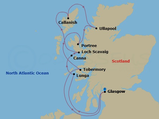 7 Night - Mythical Islands and Wild Landscapes of the Hebrides - Le Champlain - Starting in Glasgow, Scotland, Lunga, Treshnish Isles, Canna, Hebrides, Loch Scavaig, Callanish, Outer Hebrides, Ullapool, Scotland, Portree, Isle of Skye, Tobermory, Isle of Mull, Glasgow, Scotland itinerary map