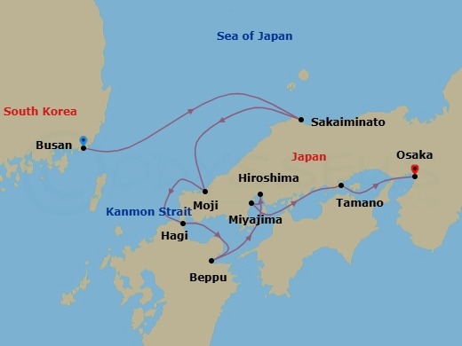 8 Night - Treasures of Japan and South Korea by Sea - with Smithsonian Journeys - Le Soleal - Starting in Busan, Sakaiminato, Hagi, Crossing the Kanmon Straits, Moji, Kitakyushu, Beppu, Oita, Hiroshima, Miyajima Island, Tamano, Osaka itinerary map