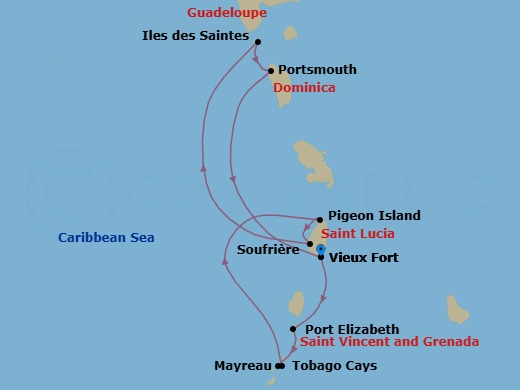 7 Night - Pearls of the Caribbean - Le Bougainville - Starting in Vieux Fort, Port Elizabeth VC, Bequia Island, Mayreau Island, Tobago Cays, Pigeon Island Beach, Soufriere, Les Saintes, Portsmouth DM, Vieux Fort itinerary map