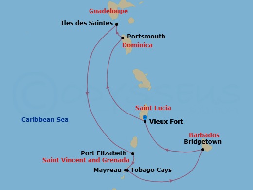 7 Night - Cruising the Caribbean's Windward Islands - with Smithsonian Journeys - Le Bougainville - Starting in Vieux Fort, Portsmouth DM, Les Saintes, Port Elizabeth VC, Bequia Island, Mayreau Island, Tobago Cays, Bridgetown, Vieux Fort itinerary map