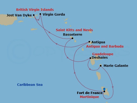 7 Night - Wonders of the Caribbean - Le Bougainville - Starting in Fort-de-France, Antigua, Virgin Gorda, Jost Van Dyke, Basseterre, Saint Kitts, Deshaies, Marie-Galante, Fort-de-France itinerary map