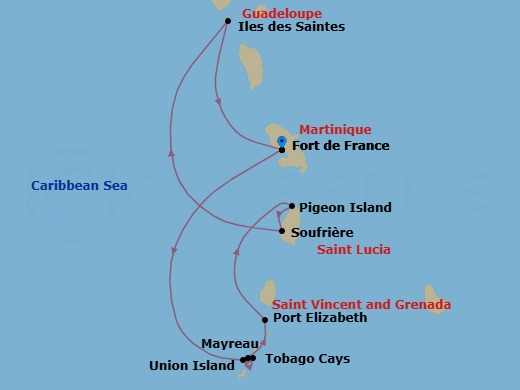 7 Night - Pearls of the Caribbean - Le Bougainville - Starting in Fort-de-France, Union Island, Tobago Cays, Mayreau Island, Port Elizabeth VC, Bequia Island, Pigeon Island Beach, Soufriere, Les Saintes, Fort-de-France itinerary map