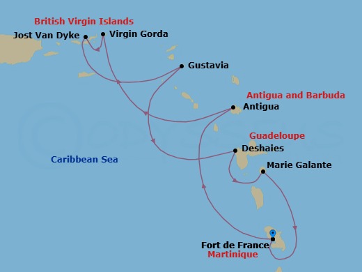 7 Night - Wonders of the Caribbean - Le Bougainville - Starting in Fort-de-France, Antigua, Virgin Gorda, Jost Van Dyke, Gustavia, Deshaies, Marie-Galante, Fort-de-France itinerary map