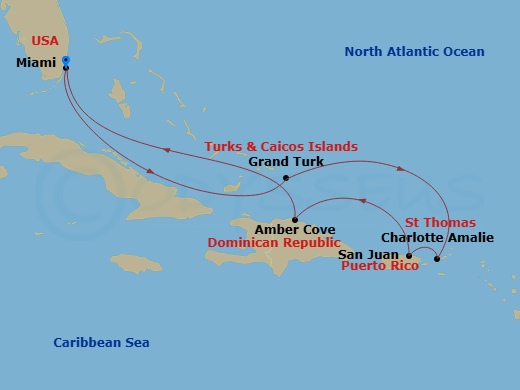 Carnival Celebration - 8 Night - Eastern Caribbean - Carnival Celebration - Starting in Miami, Fl, Grand Turk, St Thomas, US Virgin Islands, San Juan, Puerto Rico, Amber Cove, Domin.. itinerary map