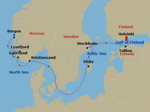 10 Night - From the North Sea to the Baltic - Le Commandant Charcot - Starting in Bergen, Sailing in Lysefjorden, Egersund, Kristiansand, Visby, Gotland, Stockholm, Tallinn, Helsinki itinerary map