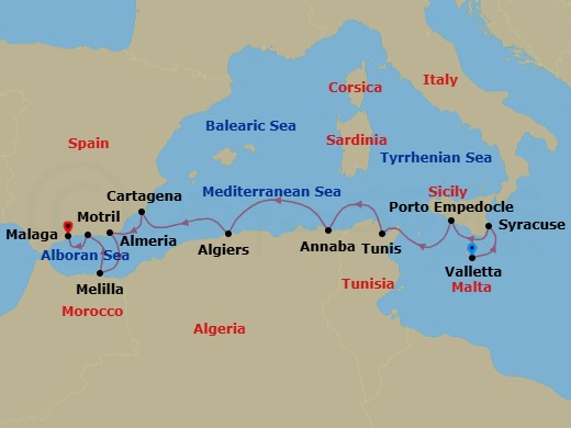 10 Night - Ancient Shores of the Mediterranean - Le Bougainville - Starting in Valletta, Syracuse IT, Sicily, Porto Empedocle, Sicily, Tunis, Annaba, Algiers, Cartagena ES, Almeria, Melilla, Motril, Malaga itinerary map