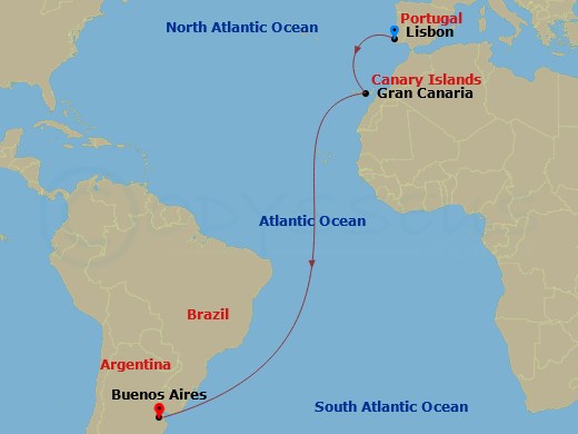 Le Boreal - 19 Night - Ocean Voyage : Lisbonne - Buenos Aires - Le Boreal - Starting in Lisbon, Las Palmas de Gran Canaria, Canary Islands, Buenos Aires itinerary map