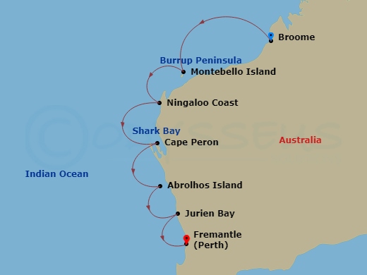 Le Soleal - 10 Night - Australia's West Coast Odyssey - Le Soleal - Starting in Broome, Burrup Peninsula, Montebello Islands, Ningaloo Coast World Heritage Area, Cape Per.. itinerary map