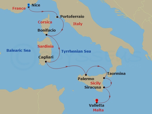 Le Bougainville - 7 Night - Mediterranean Island Voyage : Sicily, Sardinia, Corsica, and Elba - with Smithsonian Journeys - Le Bougainville - Starting in Nice, Portoferraio, El.. itinerary map