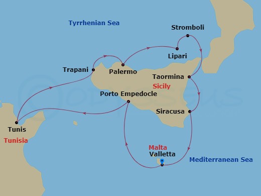 Le Bougainville - 8 Night - A Circumnavigation of Sicily - with Smithsonian Journeys - Le Bougainville - Starting in Valletta, Porto Empedocle, Sicily, Tunis, Trapani, Sicily,.. itinerary map