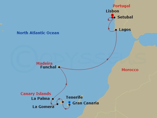 Le Bellot - 10 Night - Volcanic Islands and Historic Cities of the North Atlantic - Le Bellot - Starting in Las Palmas de Gran Canaria, Canary Islands, Santa Cruz de Tene.. itinerary map
