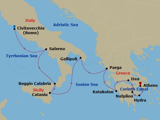 10 Night - Ancient Civilisations, from Italy to Greece - Le Champlain - Starting in Civitavecchia (Rome), Salerno, Reggio di Calabria, Catania, Sicily, Gallipoli, Parga, Katakolon, Crossing the Corinth Canal, Itea, Nafplion, Hydra, Athens itinerary map