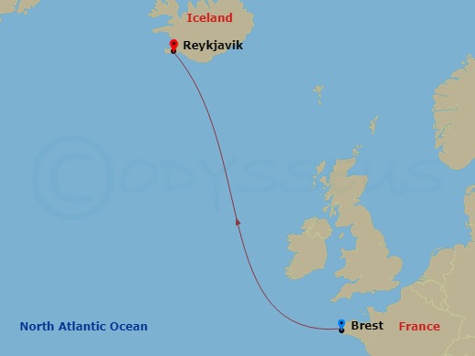 Le Commandant Charcot - 4 Night - Ocean Voyage : Brest-Reykjavik - Le Commandant Charcot - Starting in Brest, Reykjavik itinerary map