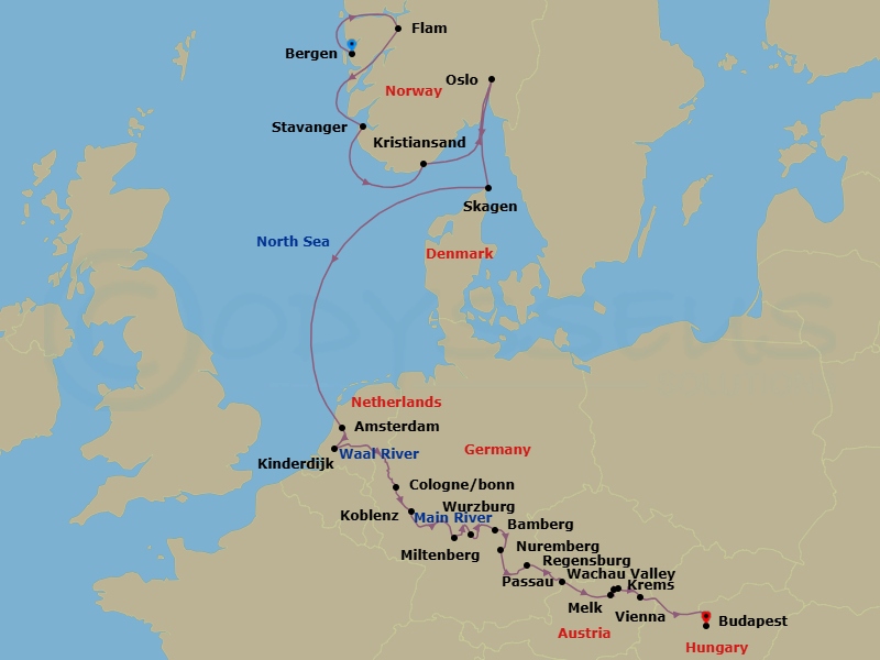 21 Night - Grand European & Viking Fjords - Viking Vela - Starting in Bergen, Flam, Norway, Stavanger, Kristiansand, Oslo, Skagen, Sail the North Sea, Amsterdam, Kinderdijk, Scenic Sailing Waal and Merwede, Cologne, Koblenz, Middle Rhine Scenic Sailing, Miltenberg, Scenic Sailing Main River, Wurzburg, Bamberg, Main-Danube Canal, Nuremberg, Regensburg, Passau, Melk, Scenic Sailing Wachau Valley, Krems, Vienna, Budapest itinerary map
