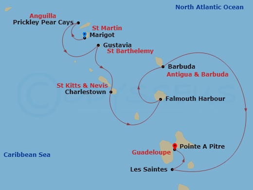 Le Ponant - 7 Night - History and Culture Visiting Caribbean Jewels - Le Ponant - Starting in Marigot, Prickley Pear Cays, Gustavia, Charlestown, Nevis, Falmouth Bay, Bar.. itinerary map