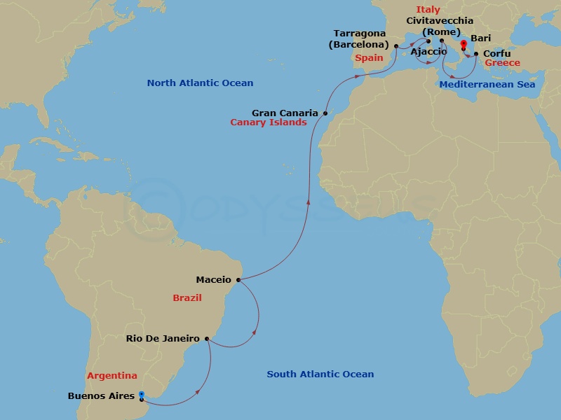 21 Night - Msc Grand Voyages - MSC Splendida - Starting in Buenos Aires, Argentina, Rio De Janeiro, Brazil, Maceio, Brazil, Las Palmas de Gran Canaria (Canary Islands), Spain, Tarragona, Spain, Ajaccio (Corsica), France, Civitavecchia (Rome), Italy, Corfu, Greece, Bari, Italy itinerary map