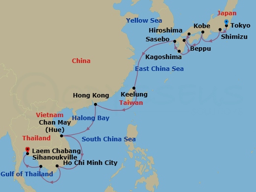 28 Night - Southeast Asia Horizons - Viking Orion - Starting in Tokyo, Shimizu, Kobe, Hiroshima, Beppu, Kagoshima, Sasebo, Sail the East China Sea, Taipei (Keelung), Sail the East China Sea, Hong Kong, Sail the South China Sea, Ha Long Bay, Hue (Chan May), Sail the South China Sea, Ho Chi Minh City, Scenic Sailing Gulf of Thailand, Sihanoukville, Bangkok (Laem Chabang) itinerary map