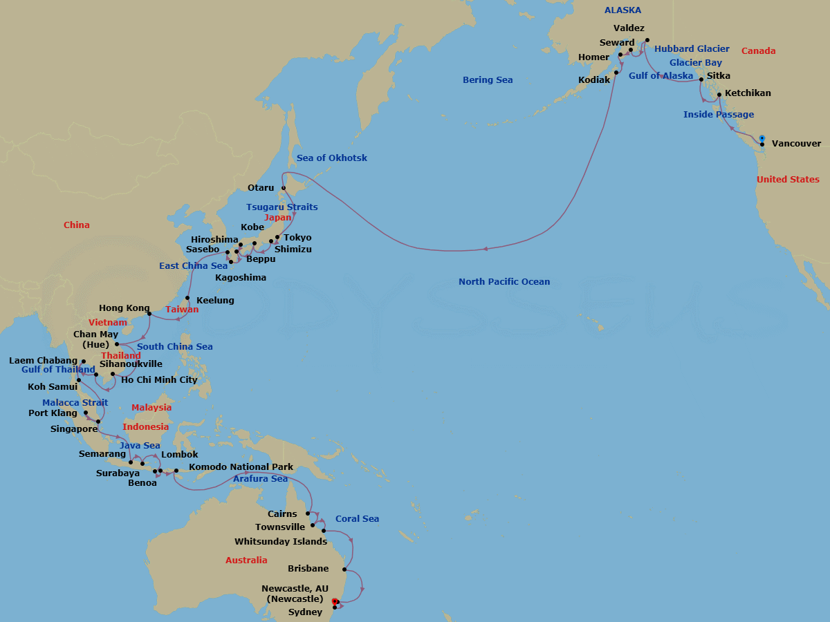 79 Night - Australia, Asia & Alaska - Viking Orion - Starting in Vancouver, British Columbia, Scenic Sailing : the Inside Passage, Ketchikan, Alaska, Sitka, Alaska, Scenic Sailing : Glacier Bay, Scenic Sailing : Hubbard Glacier, Valdez, Alaska, Seward, Alaska, Homer, Kodiak, Alaska, Scenic Sailing : the Inside Passage, Sail the Bering Sea, Sail the North Pacific Ocean, Sail the Okhotsk Sea, Sapporo (Otaru), Scenic Sailing : Tsugaro Strait, Tokyo, Shimizu, Kobe, Hiroshima, Beppu, Kagoshima, Sasebo, Sail the East China Sea, Taipei (Keelung), Sail the East China Sea, Hong Kong, Sail the South China Sea, Ha Long Bay, Hue (Chan May), Sail the South China Sea, Ho Chi Minh City, Scenic Sailing : Gulf of Thailand, Sihanoukville, Bangkok (Laem Chabang), Koh Samui (Nathon), Scenic Sailing : Gulf of Thailand, Scenic Sailing : Strait of Malacca, Kuala Lumpur (Port Klang), Singapore, Sail the Java Sea, Semarang, Java, Surabaya, Java, Bali (Benoa), Lombok, Komodo National Park (Rinca), Sail the Timor Sea, Sail the Arafura Sea, Cairns, Townsville, Whitsunday Island (Airlie Beach), Sail the Coral Sea, Brisbane, Sail the Australian Coast, Newcastle AU, Sydney AU itinerary map