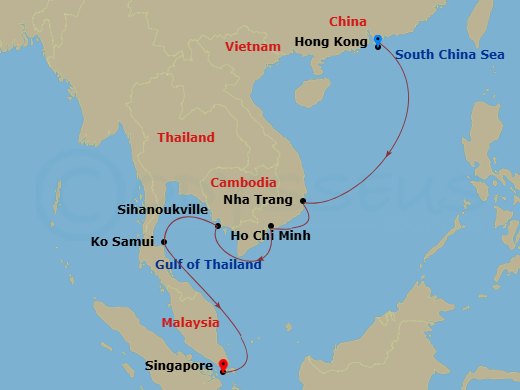 Costa Serena - 8 Night - Far East from Hongkong - Costa Serena - Starting in Hong Kong, Nha Trang, Phu My, Vietnam, Sihanoukville, Cambodia, Koh Samui, Thailand, Singapore itinerary map