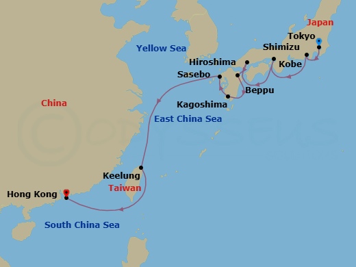 14 Night - Far Eastern Horizons - Viking Orion - Starting in Tokyo, Shimizu, Kobe, Hiroshima, Beppu, Kagoshima, Sasebo, Sail the East China Sea, Taipei (Keelung), Sail the East China Sea, Hong Kong itinerary map