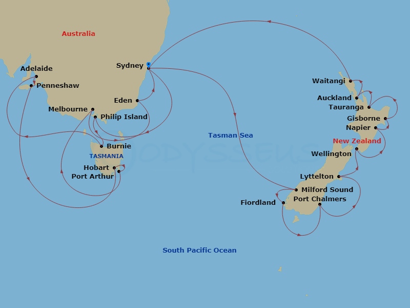 HAL Noordam - 28 Night - New Zealand & South Australia Discovery Collector - HAL Noordam - Starting in Sydney AU, Milford Sound, New Zealand, Cruising Fiordland Natl Park,.. itinerary map