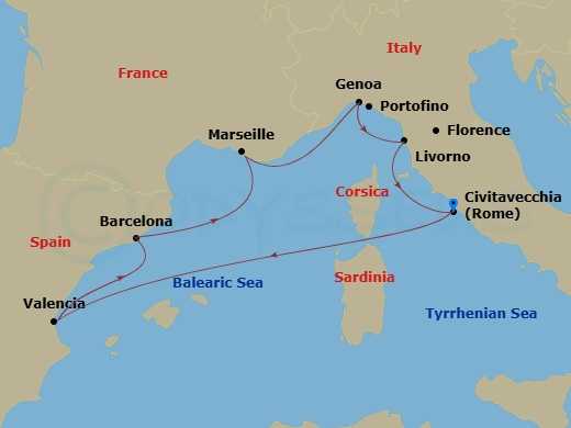 MSC Sinfonia - 7 Night - Mediterranean - MSC Sinfonia - Starting in Civitavecchia (Rome), Italy, Valencia, Spain, Barcelona, Spain, Marseille (Provence), France, Genoa (Port.. itinerary map