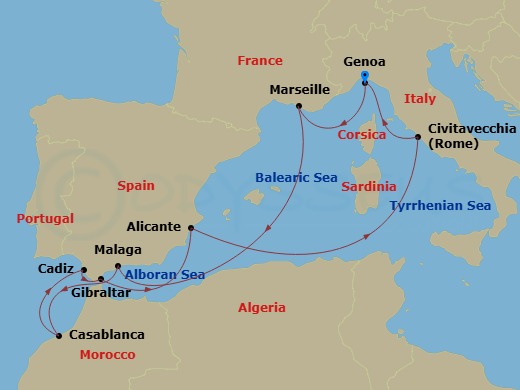 10 Night - Mediterranean - MSC Sinfonia - Starting in Genoa (Portofino), Italy, Marseille (Provence), France, Malaga (Granada), Spain, Casablanca (Marrakesh), Morocco, Cadiz (Seville), Spain, Gibraltar, Alicante, Spain, Civitavecchia (Rome), Italy, Genoa (Portofino), Italy itinerary map