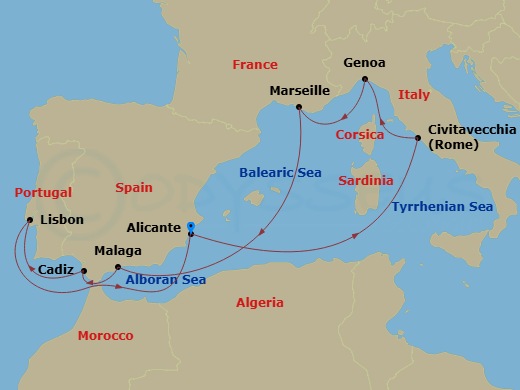 MSC Sinfonia - 10 Night - Alc - MSC Sinfonia - Starting in Alicante, Spain, Civitavecchia (Rome), Italy, Genoa (Portofino), Italy, Marseille (Provence), France, Malaga (Gran.. itinerary map