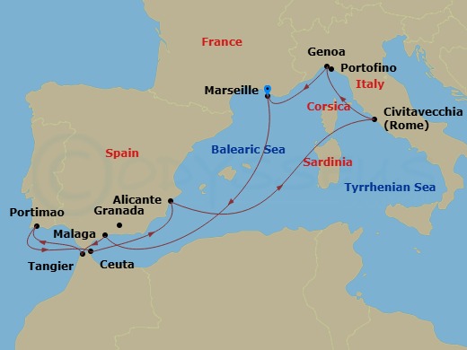 10 Night - Mediterranean - MSC Sinfonia - Starting in Marseille (Provence), France, Malaga (Granada), Spain, Tangier (Tetouan), Morocco, Portimao, Portugal, Ceuta, Spain, Alicante, Spain, Civitavecchia (Rome), Italy, Genoa (Portofino), Italy, Marseille (Provence), France itinerary map