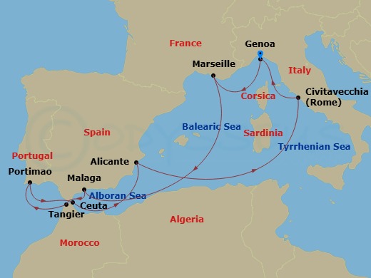 10 Night - Mediterranean - MSC Sinfonia - Starting in Genoa (Portofino), Italy, Marseille (Provence), France, Malaga (Granada), Spain, Tangier (Tetouan), Morocco, Portimao, Portugal, Ceuta, Spain, Alicante, Spain, Civitavecchia (Rome), Italy, Genoa (Portofino), Italy itinerary map