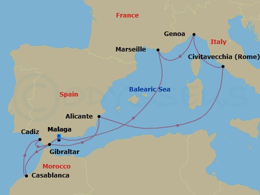 10 Night - Mediterranean - MSC Sinfonia - Starting in Malaga (Granada), Spain, Casablanca (Marrakesh), Morocco, Cadiz (Seville), Spain, Gibraltar, Alicante, Spain, Civitavecchia (Rome), Italy, Genoa (Portofino), Italy, Marseille (Provence), France, Malaga (Granada), Spain itinerary map