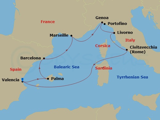 MSC Sinfonia - 8 Night - Mediterranean - MSC Sinfonia - Starting in Valencia, Spain, Palma De Mallorca (Balearic Islands), Spain, Barcelona, Spain, Marseille (Provence), Fra.. itinerary map