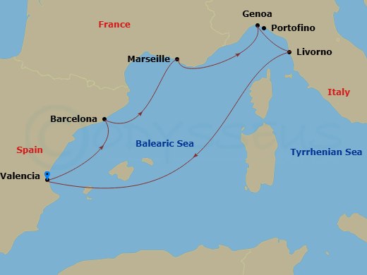 MSC Sinfonia - 6 Night - Mediterranean - MSC Sinfonia - Starting in Valencia, Spain, Barcelona, Spain, Marseille (Provence), France, Genoa (Portofino), Italy, Livorno (Flore.. itinerary map