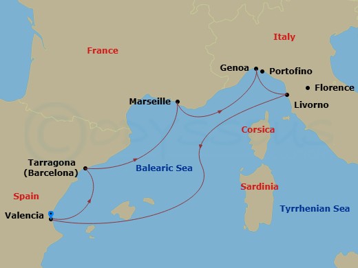 MSC Sinfonia - 6 Night - Vlc - MSC Sinfonia - Starting in Valencia, Spain, Tarragona, Spain, Marseille (Provence), France, Genoa (Portofino), Italy, Livorno (Florence), Ital.. itinerary map