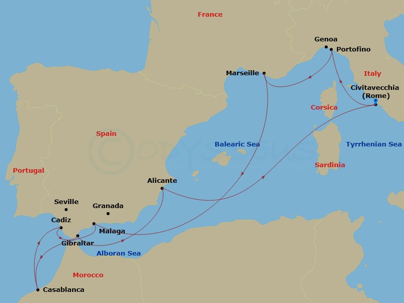 MSC Sinfonia - 10 Night - Mediterranean - MSC Sinfonia - Starting in Civitavecchia (Rome), Italy, Genoa (Portofino), Italy, Marseille (Provence), France, Malaga (Granada), S.. itinerary map