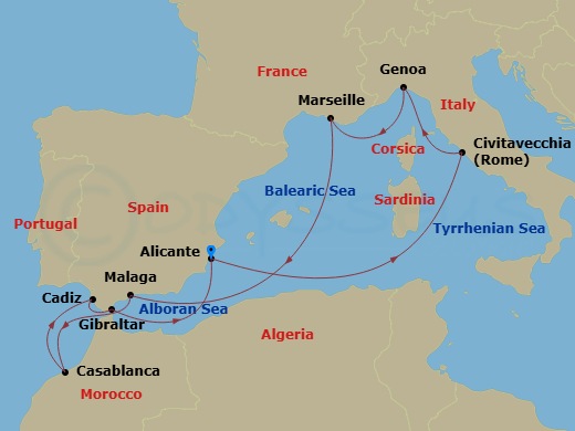 MSC Sinfonia - 10 Night - Alc - MSC Sinfonia - Starting in Alicante, Spain, Civitavecchia (Rome), Italy, Genoa (Portofino), Italy, Marseille (Provence), France, Malaga (Gran.. itinerary map