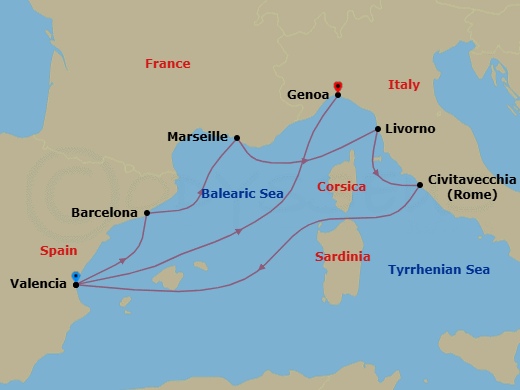 8 Night - Mediterranean - MSC Sinfonia - Starting in Valencia, Spain, Barcelona, Spain, Marseille (Provence), France, Livorno (Florence), Italy, Civitavecchia (Rome), Italy, Valencia, Spain, Genoa (Portofino), Italy itinerary map