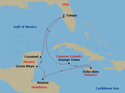 9 Night - Western Caribbean Cruise - Celebrity Summit - Starting in Tampa, Florida, George Town, Grand Cayman, Ocho Rios, Jamaica, Roatan, Honduras, Puerto Costa Maya, Mexico, Cozumel, Mexico, Tampa, Florida itinerary map