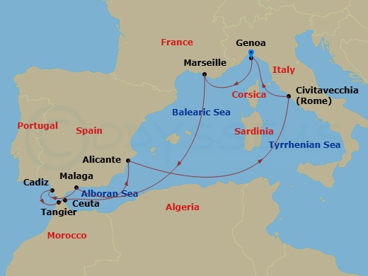 10 Night - Mediterranean - MSC Sinfonia - Starting in Genoa (Portofino), Italy, Marseille (Provence), France, Malaga (Granada), Spain, Cadiz (Seville), Spain, Tangier (Tetouan), Morocco, Ceuta, Spain, Alicante, Spain, Civitavecchia (Rome), Italy, Genoa (Portofino), Italy itinerary map