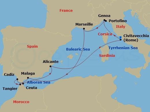 10 Night - Mediterranean - MSC Sinfonia - Starting in Civitavecchia (Rome), Italy, Genoa (Portofino), Italy, Marseille (Provence), France, Malaga (Granada), Spain, Cadiz (Seville), Spain, Tangier (Tetouan), Morocco, Ceuta, Spain, Alicante, Spain, Civitavecchia (Rome), Italy itinerary map