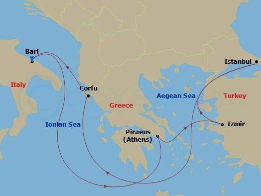 MSC Orchestra - 7 Night - Mediterranean - MSC Orchestra - Starting in Bari, Italy, Piraeus (Athens), Greece, Izmir (Ephesus), Turkey, Istanbul, Turkey, Corfu, Greece, Bari, I.. itinerary map